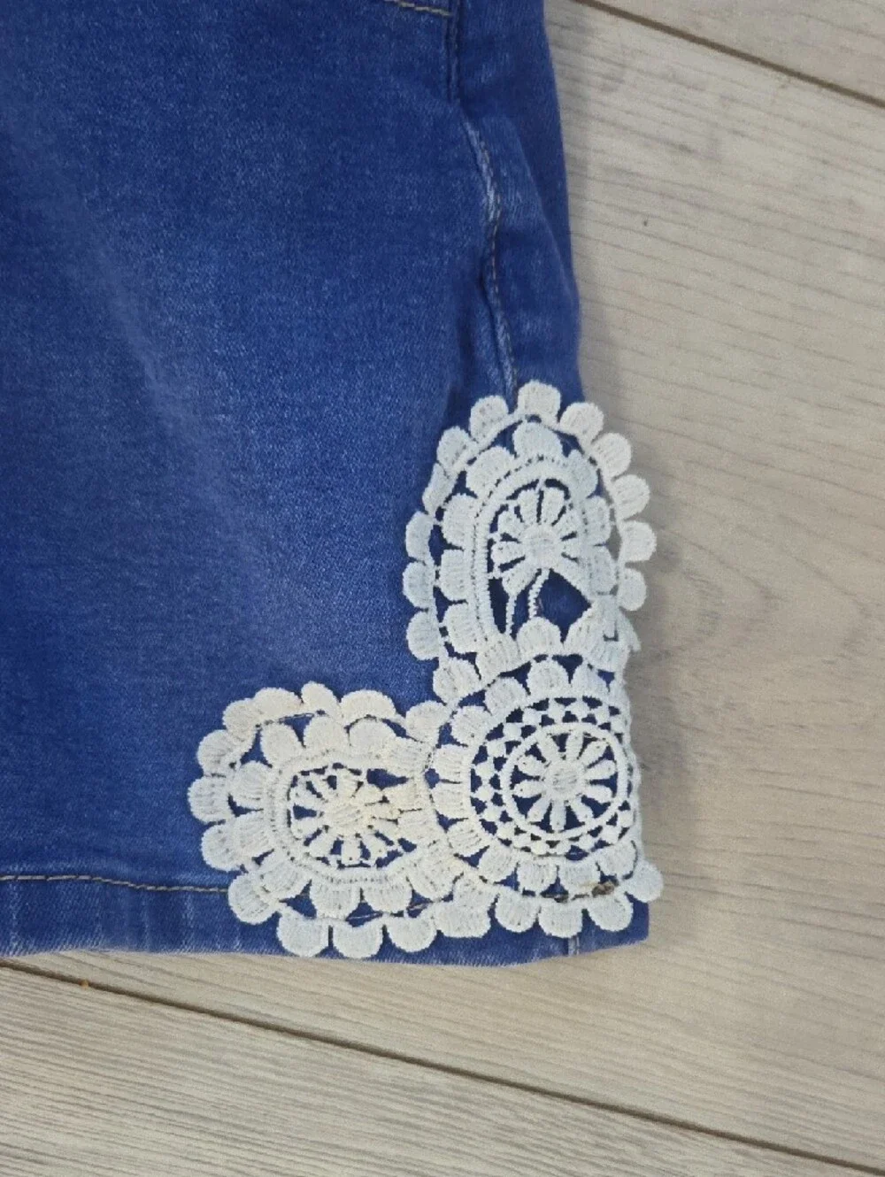 Soho Blue Denim Pinafore Skirt with White Lace Trim